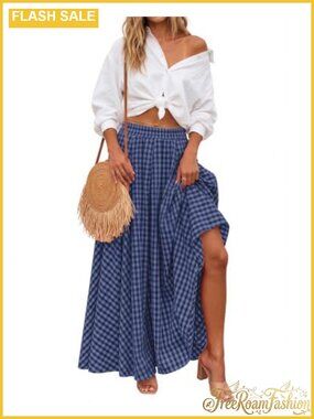 Womens Gingham Maxi Skirt A-Line Plaid High Rise with Pockets